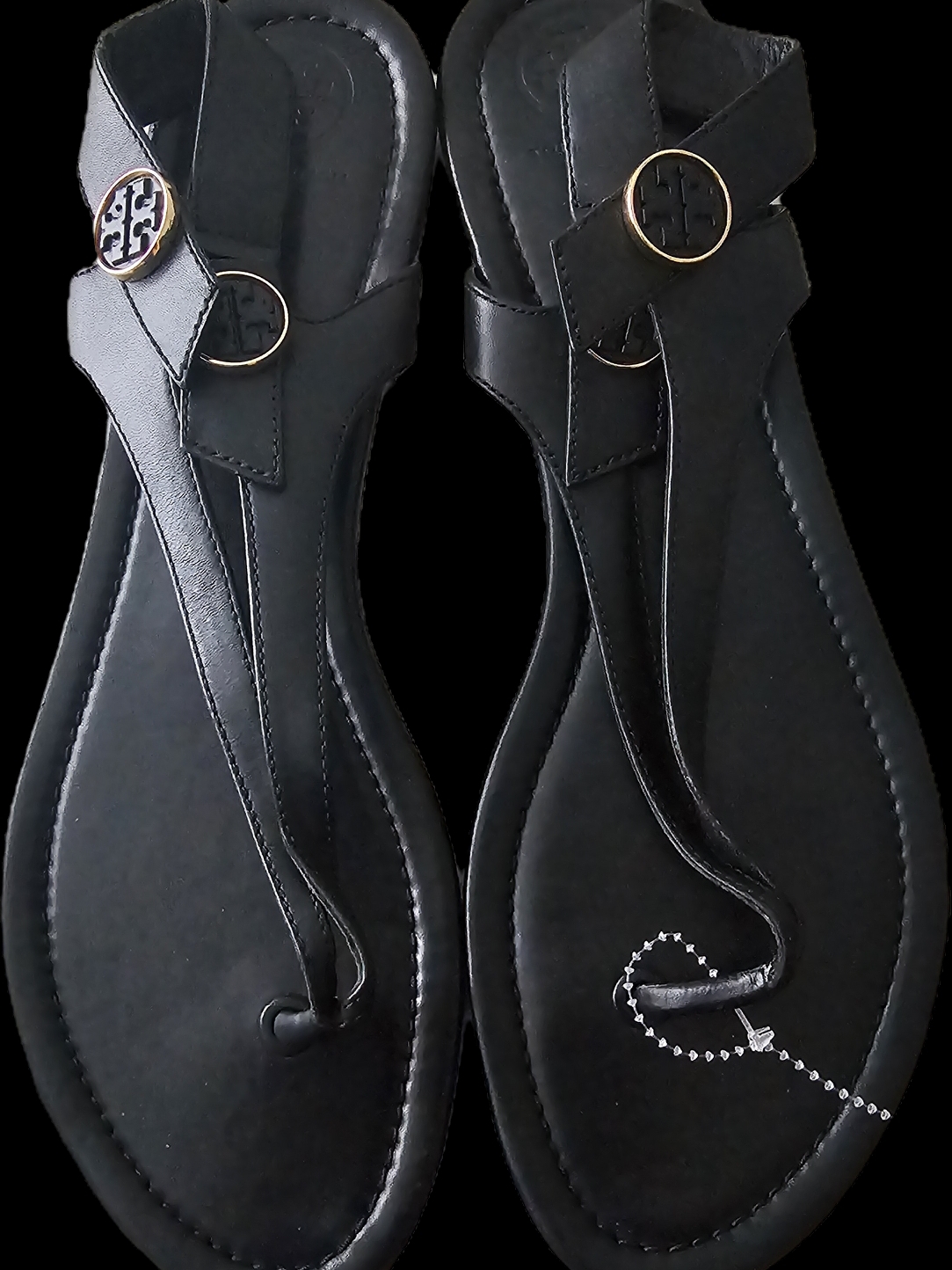 Tory Burch Black Leather Logo T-Strap Sandals With Gold Emblems